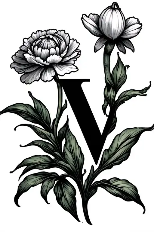 star sign aquarius letter V carnation flower snowdrop flower tattoo design idea