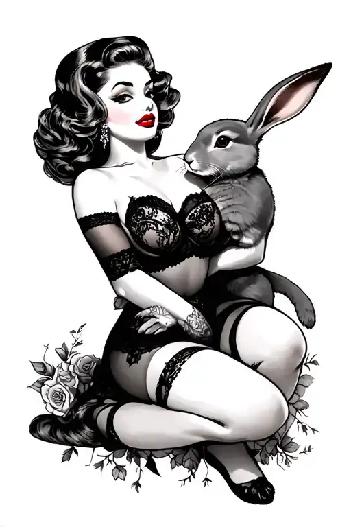 Pin up girl tattoo wearing lingerie with red lips and holding a grey rabbit.  tattoo design idea