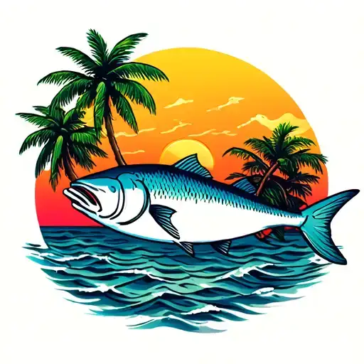 Tuna Fish, Sunset, Island and Coconut tree tattoo design idea