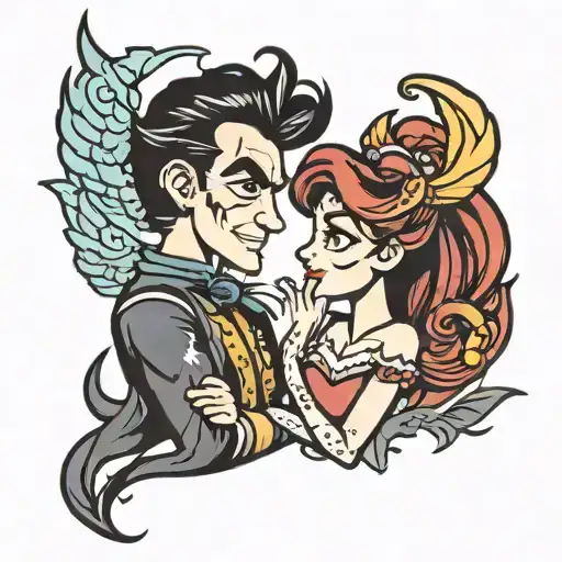 couples disney tattoo featuring good and evil. colorful  tattoo design idea