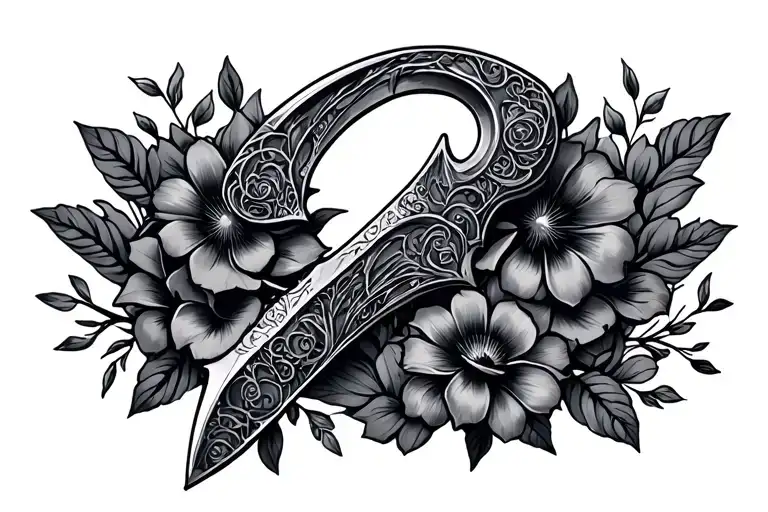karambit knife with flowers intertwined tattoo design idea