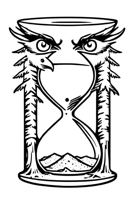 eagle eyes behind trees with hour glass with sand tattoo design idea