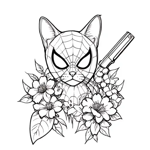 Cat flowers spider man and guns tattoo design idea