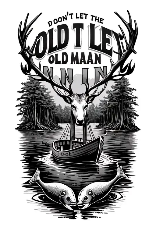 "Don't Let The Old Man In" swamp background with boat deer fish tattoo design idea