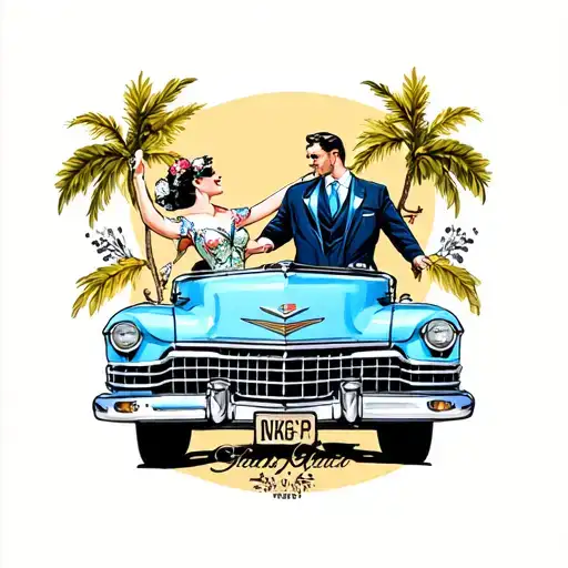 Oldtimer Cadillac in baby blue with a dancing couple in the front  tattoo design idea