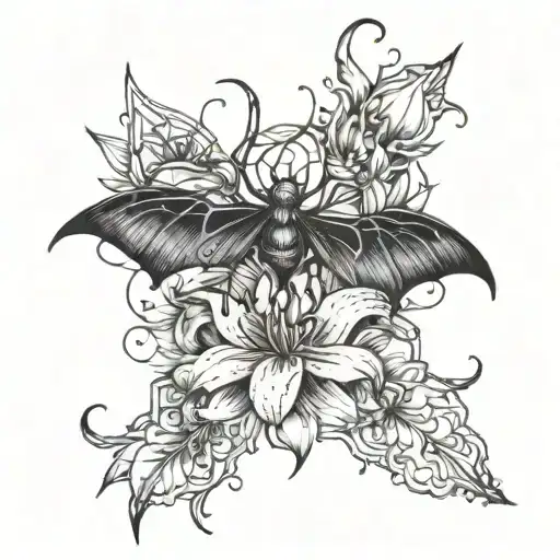 spiderlily and bat tattoo design idea