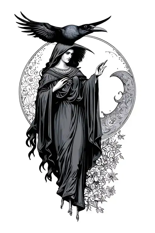 robed High Priestess woman Tarot card, crecent moon, raven, crescent moon tattoo design idea