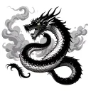 evil japanese dragon coiling snake around background sky clouds and smoke japanese style tattoo design idea