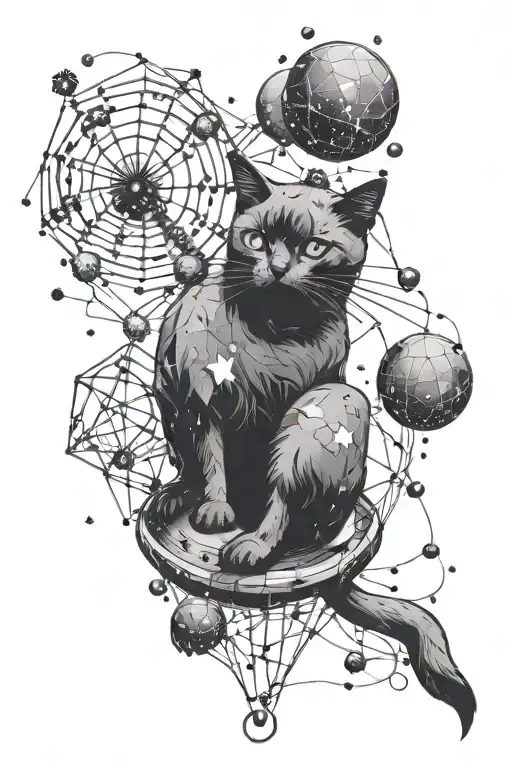 cancer constellation with a black cat perched on it, batting at the beehive cluster as if it's a yarn ball. tattoo design idea