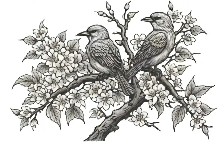 A tattoo symbolizing love and family, with cherry trees representing growth and three birds representing father, husband, and lover roles tattoo design idea