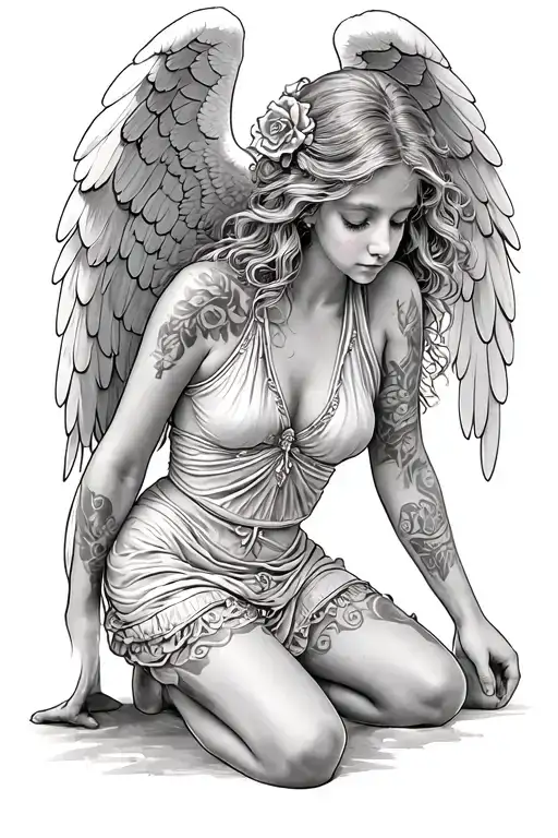 real girl kneeling angel tattoo design idea