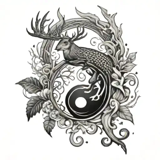 yin yang formed by bass fish and a deer antler  tattoo design idea
