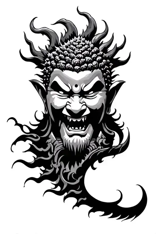 Buddha, Godzilla, Raijin tattoo design idea