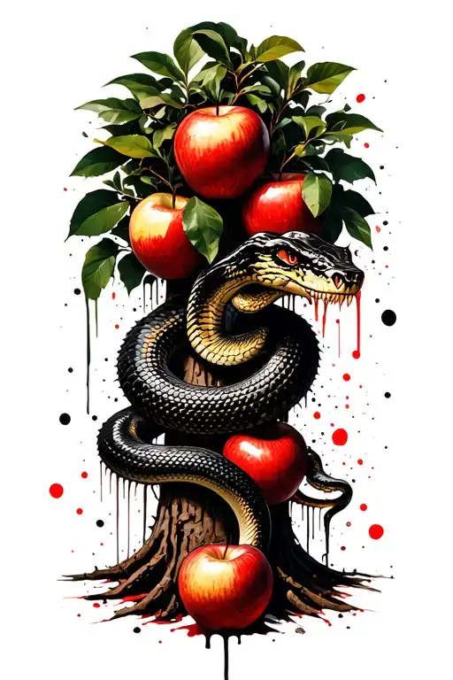 a cobra is coiled around the trunk of the garden of eden tree with apples tattoo design idea