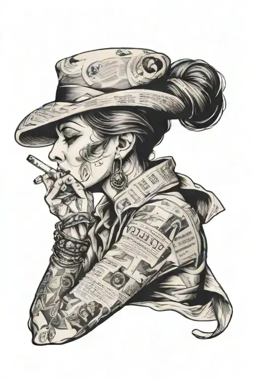 newspaper cuff with a smoking cigarette woman tattoo design idea