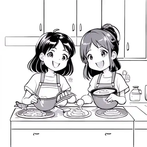  Image Description:Two smiling friends in a cozy kitchen, one pouring pancake batter into a frying pan tattoo design idea