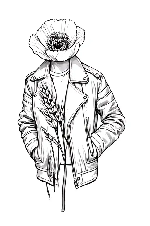 poppy, wheat sauce, sewing machine, leather jacket tattoo design idea