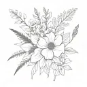 flower boquet with flowers and plants like found in the bay area. Make it feel light bright and black. And naturey. tattoo design idea