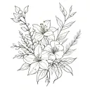 flower boquet with flowers and plants like found in the bay area. Make it feel light bright and black. And naturey. tattoo design idea