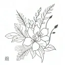 flower boquet with flowers and plants like found in the bay area. Make it feel light bright and black. And naturey. tattoo design idea