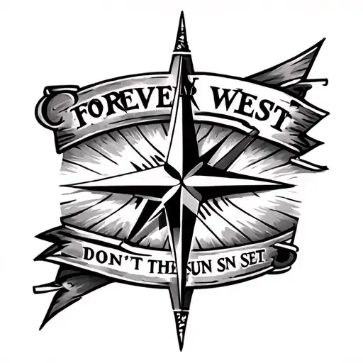 compass pointed west WITH "FOREVER WEST" ABOVE IT ANAND "DON'T LET THE SUN SET" BELOW tattoo design idea