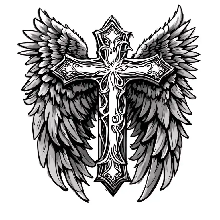 cross with angel wings made tattoo design idea