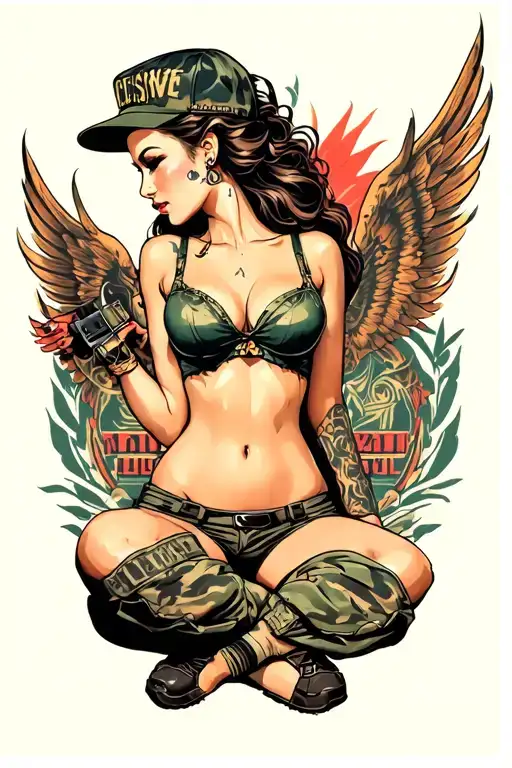 Sexy pin up girl, side profile, full body view, sitting, petite, large boobs, Army,  tattoo design idea