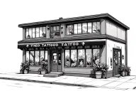 outside of 2 story tattoo shop with big windows and plants inside them tattoo design idea