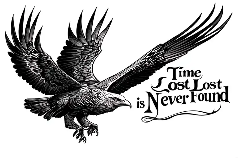 "Time Lost is Never Found" Eagle soaring tattoo design idea