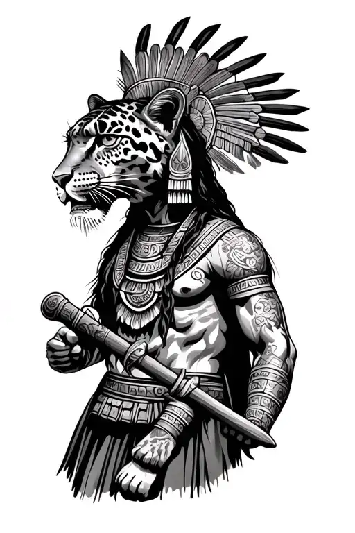 mayan warrior with leopard head holding a Macuahuitl tattoo design idea