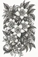 daffodils, larkspur, honeysuckle, daisies, with vines and leaves tattoo design idea
