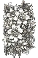 daffodils, larkspur, honeysuckle, daisies, with vines and leaves tattoo design idea