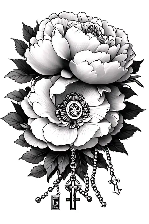 Peony bouquet with Catholic Rosary  tattoo design idea