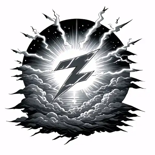 lightning bolts coming out of clouds with the sun setting tattoo design idea
