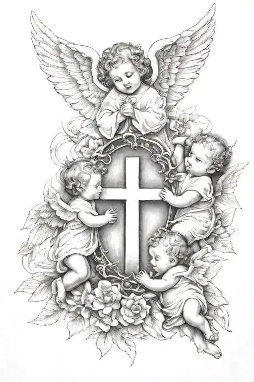 3 baby angels surrounding cross tattoo design idea
