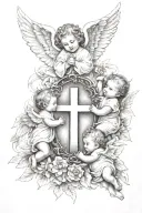3 baby angels surrounding cross tattoo design idea