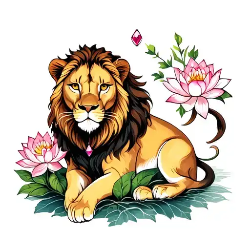 Lioness with Jewel and lotus flowers growing tattoo design idea