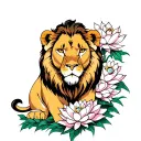 Lioness with Jewel and lotus flowers growing tattoo design idea