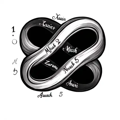 Infinity design with 5 names written 1. Xavier 2. Micah 3. Zurianne 4. Nevach5. Amari tattoo design idea