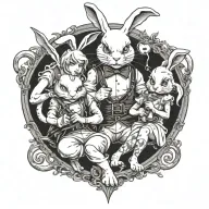 scary evil white rabbit with smirk holding key and sexy Alice on her knees in front of him wearing leash  tattoo design idea