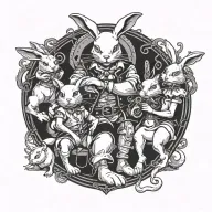 scary evil white rabbit with smirk holding key and sexy Alice on her knees in front of him wearing leash  tattoo design idea