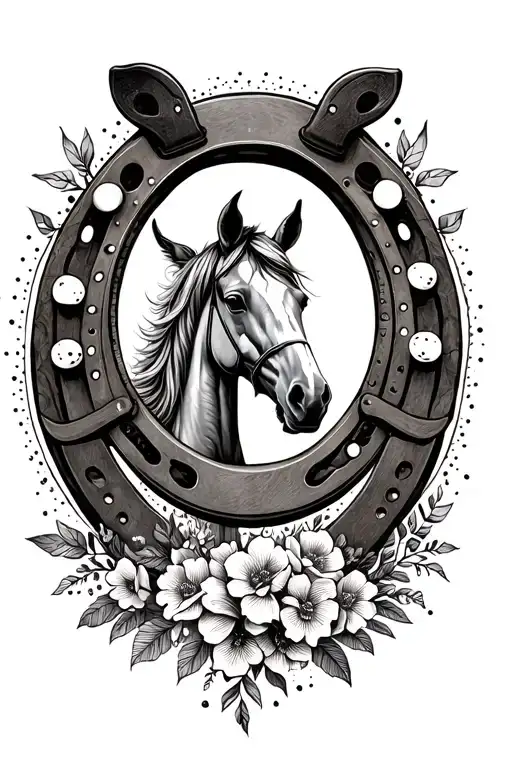 A dotwork tattoo of a horseshoe surrounded by spurs and delicate floral elements tattoo design idea