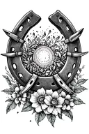 A dotwork tattoo of a horseshoe surrounded by spurs and delicate floral elements tattoo design idea