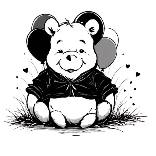winnie the pooh sitting with balloons floating tattoo design idea