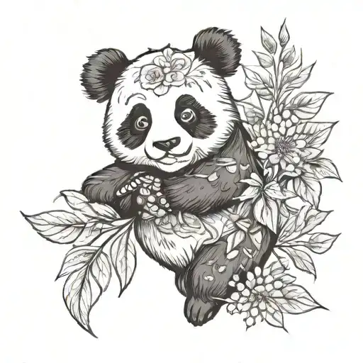 little panda with leaves dancing in the wind around it, chancing from spring flowery leaves to sumemr, to fall to winter tattoo design idea