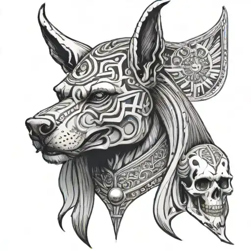 Anubis and skull wearing tattoo design idea