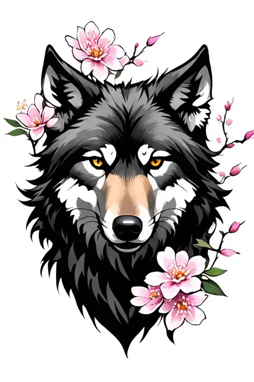 Japanese Style Wolf sakura flowers tattoo design idea