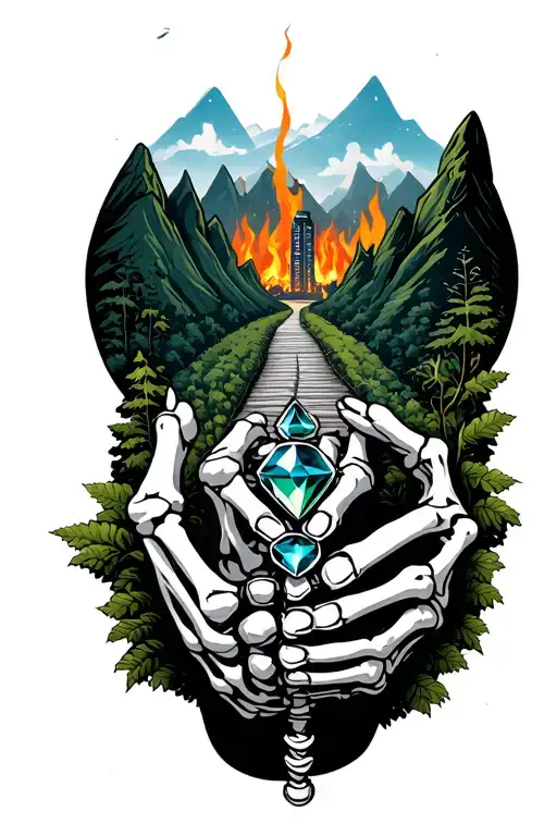 Listen a burning city in the background with a path to green mountains/ peace then a skeleton hand holding jewels  tattoo design idea