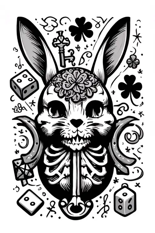 Lucky Lefty four leaf clover skeleton key rabbits foot dice ladybug horseshoe hamsa hand and eye of Horus the number 224 tattoo design idea