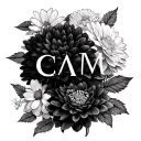 letters C A M surrounded by Dahlia, Marigolds, and cherry blossom flowers tattoo design idea